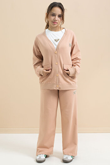 Cansın Mini Beige Logo Detailed Buttoned Cardigan Girls' Slit 3-Piece Horse-Top Set 21377