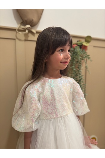 penu baby kids White Sequin Detailed Hemline Ruffled Girl's Baby Girl's Evening Dress
