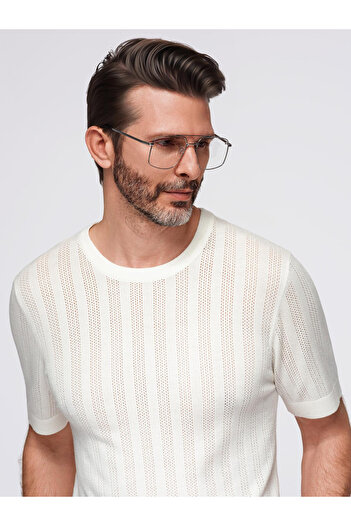 OMBRE Durchbrochener Herrenpullover mit Rundhalsausschnitt und kurzen Ärmeln - weiß V1 OM-TSCT-0251