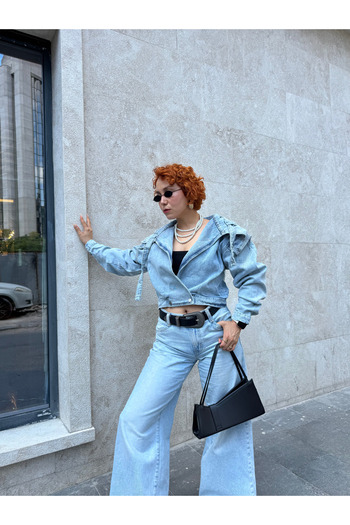 Bak'ap Premium Design Bomber τζιν μπουφάν με λεπτομέρεια αξεσουάρ με μπαλόνι μανίκι