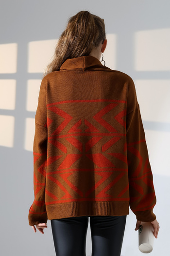 ALCHON V Fold Collar Long Sleeve Jacquard Panel 6 Buttons Winter Stylish Thick Knitwear Sweater