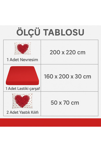 sehra Pamuklu Çift Kişilik Yorgan Nevresim Takımı+Lastikli Çarşaf +2 Yastık Kılıflı Yatak Seti Kalp desen