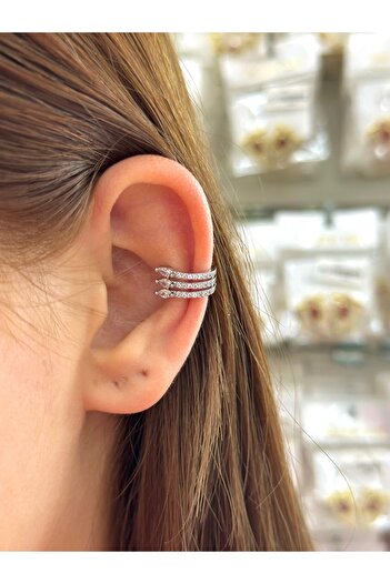 BY YASİN TOPÇU Steel Three Rows Micro Stone Ear Cuff Cartilage Earring – Silver
