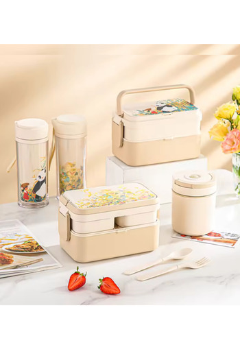 Generic Kids Lunch Box Double-Layer Bamboo Fiber Food Container with Bottle Microwave Safe, Leakproof