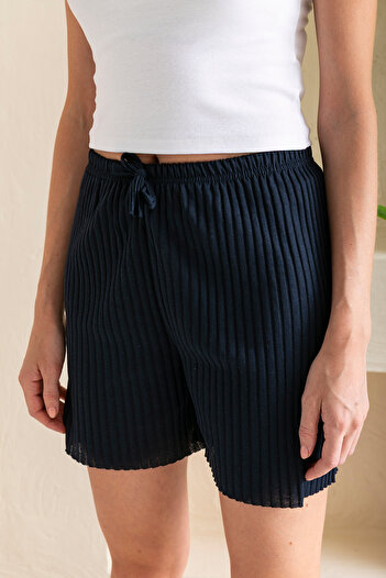GİYSA Women's Ribbed Camisole Ornamental Belted Shorts Pajama Bottoms Navy Blue - 6131