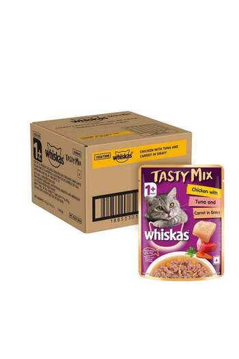 Whiskas Adult Wet Cat Food Tasty Mix (1+ Year), Chicken with Tuna and Carrots in Gravy, 70g, Pack of