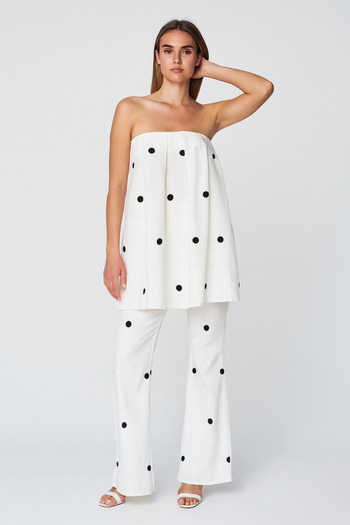 My Blog White Black Polka Dot Strapless Blouse Pants Set