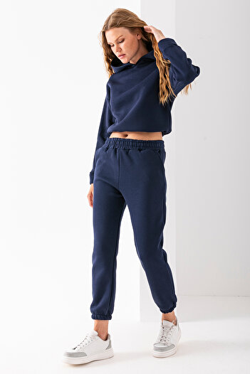 GİYSA Women's Hooded Stoppered 3-Strand Hooded Tracksuit Set Navy Blue - 2605
