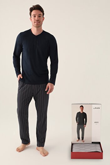 Arnetta Men's Plain Three Button Long Sleeve Striped Pants Pajama Set (Available in Oversized Size)