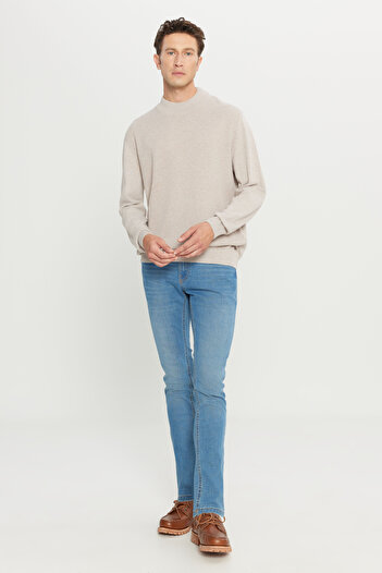 ALTINYILDIZ CLASSICS Men's Beige Standard Fit Regular Cut Half Turtleneck Cotton Knitwear Sweater