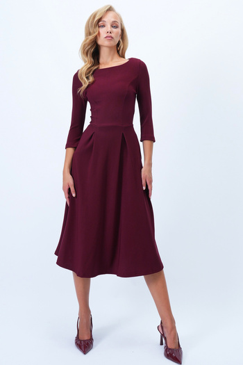 Trend Alaçatı Stili Kadın Bordo Kayık Yaka Truvakar Kol Pile Detaylı Çift Cepli Midi Boy Kloş Elbise Alc-X14359