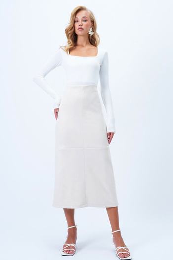 Trend Alaçatı Stili Women's Ecru Hidden Zipper Stitching Detailed Faux Suede Maxi Skirt Alc-X14407