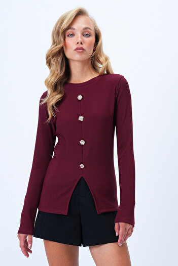 Trend Alaçatı Stili Burgunderrote Ottoban-Bluse für Damen mit Rundhalsausschnitt und Knopfdetail vorne mit Schlitz Alc-X14345
