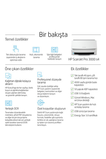 HP ScanJet Pro 3000 s4 Tarayıcı, Günde 4.000 sayfaya kadar baskı kapasitesi, Dublex ADF, 6FW07A