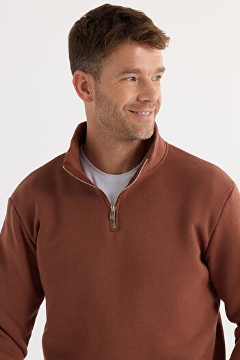 Tudors Unisex Relax Fit Relaxed Cotton Fleece Εσωτερικό Καφέ Φούτερ με γιακά με μισό φερμουάρ