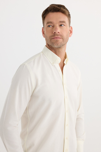 Tudors Regular Fit Button Collar Cotton Easy Iron Oxford Plain Men's Ecru Shirt