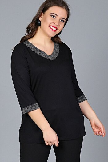 Moda Cazibe Női fekete galléros ujjú csillogó blúz M9288