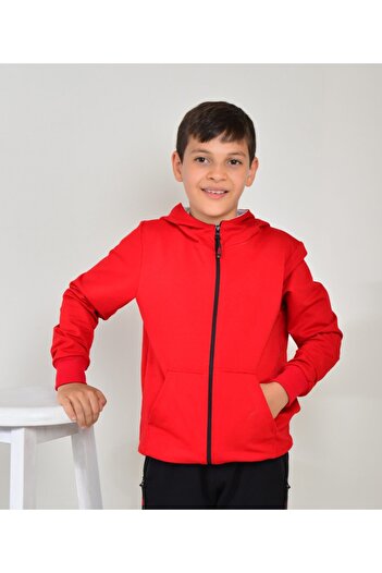 KİDSPİTİRCİK Unisex Çocuk Kırmızı Fermuarlı Kapüşonlu 2 Ip Penye Hırka 4-mevsimlik