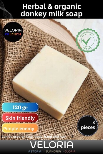 Veloria Premium Series 100% Natural Organic Facial Hair Body Skin Balancing Beautifully Scented Donkey Milk Soap 3 Pieces