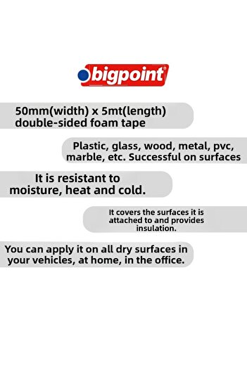 Bigpoint |   Double Sided Foam Hotmelt Base Tape, 50 mm X 5 M, Ideal for Mounting