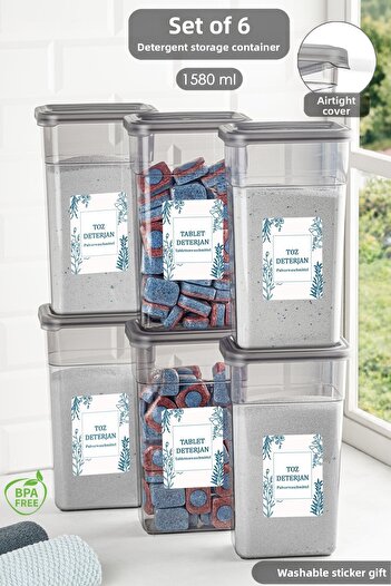 Meleni Home 6-Piece Detergent Storage Set - Box with Label and Airtight Lid - 1580 ml