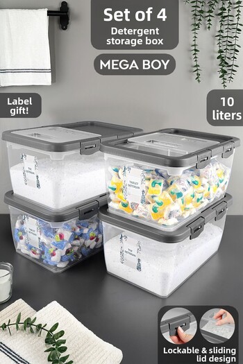 Meleni Home 4 Pieces Labeled Detergent Storage Box - Sliding Lid with Lock Tablet Powder Detergent Container 10 Lt Gray