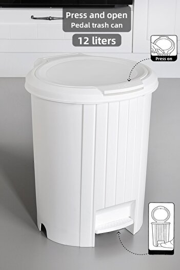 Meleni Home Bas Open Lid Trash Can - Click Lid Pedal Trash Can Bathroom Kitchen Trash Can 12 Liters White