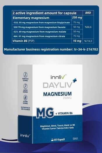 DAYLIV Food Supplement Containing Magnesium (Bisglycinat, Citrate, Taurate, Malate) and B6 (P5P) 60 Capsules