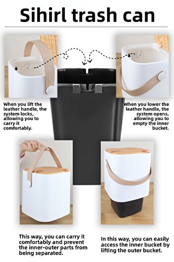 Meleni Home 4Lt Wood Look Trash Can - Countertop Kitchen Trash Can with Smart Lid Holding Handle Bucket White