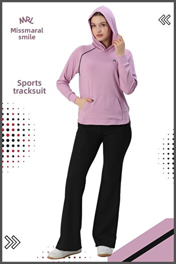 missmaral Lilac Women's Sports Tracksuit Set - Spanish Leg, Double Pockets, Hood, Kangaroo Pockets 3053