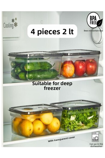 Bayev 4 Pieces Huge Smoked 2 LT Refrigerator Storage Container - Vegetable Box Suitable for Deep Freezer