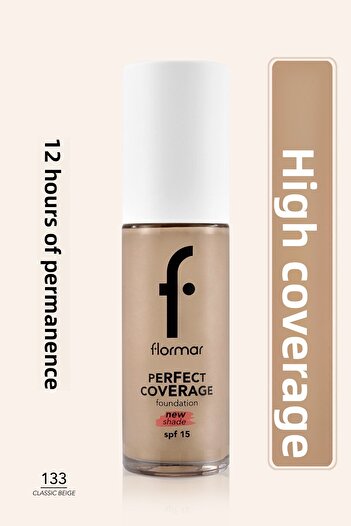 Flormar Perfect Coverage Yoğun Kapatıcı Su Bazlı Fondöten (Sıcak Alt Ton) -133 Classic Beige -8682536070591