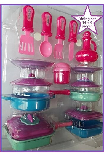 OYUNCAKSAHİLİ Kitchen Dinner Set in Box 16+9 Pieces 25 Pieces Toy Pan Cookware Cutlery Salt Shaker Plate