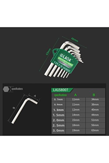 Choice LA158007 S2 alloy steel mini hex wrench small miniature 0.7/0.9/1.3/1.5/2/2.5/3mm Spanner Allen