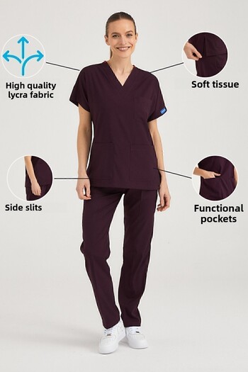 Pozitif Üniforma Plum Lycra Nurse Jersey Bottom Top Surgical Team Scrubs Uniform Surgical Jersey