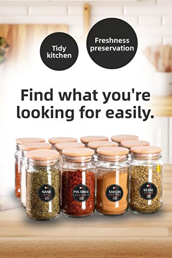 LUX ET AMOR Set of 12 Glass Spice Jars 320 ml |   Wooden Lid, Spoon & Tag