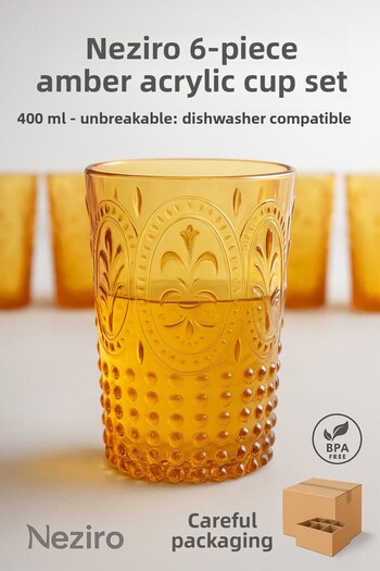 Avantaj Kapıda Neziro Set of 6 Amber Unbreakable Acrylic Glasses 400 ml Water Soft Drink Coffee Side