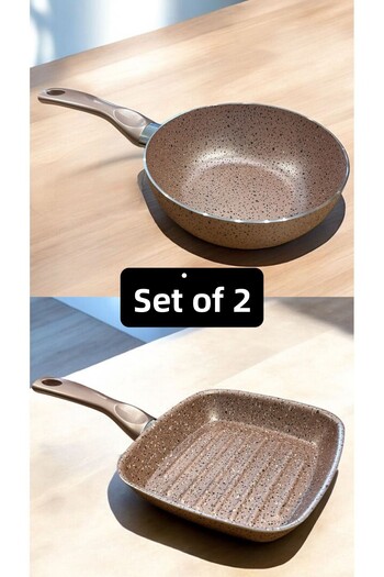 Bayev Set of 2 Mini Granite Grill Pan and Granite Wok Pan