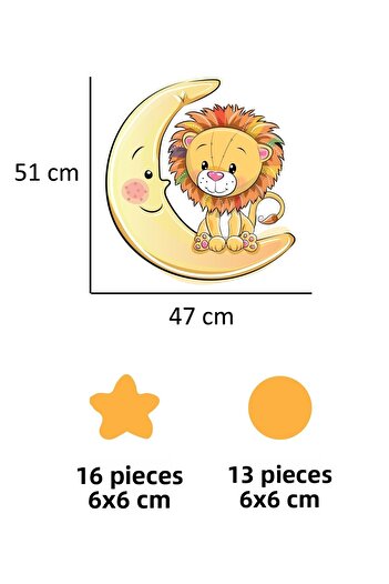 Tilki Dünyası Cute Lion on the Moon Yellow Stars and Polka Dots Kids Room Wall Sticker
