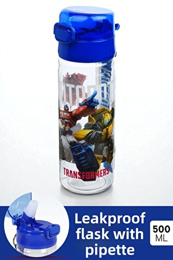 İronika Transformers Licensed Children's Water Bottle with Lockable Lid and Straw 500 ml