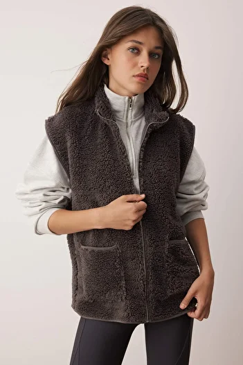 Trendyol Collection Anthracite Oversize/Wide Fit Pocket Detailed Zippered Plush Sleeveless Knitted Vest Twoaw26Ye00021