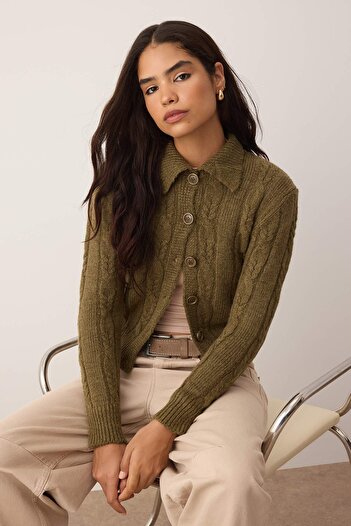 Trendyol Collection Khaki Hair Braided Soft Textured Knitwear Cardigan Twoaw26Hi00230
