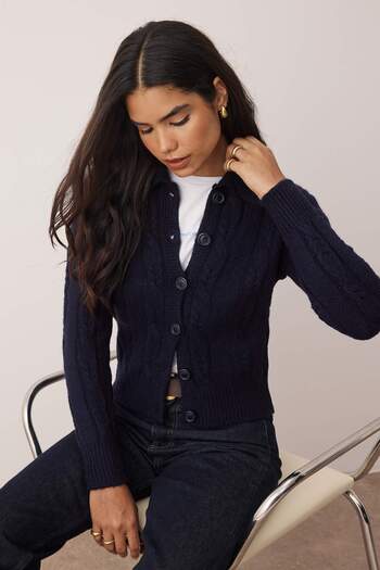 Trendyol Collection Navy Blue Hair Braided Soft Textured Knitwear Cardigan Twoaw26Hi00230