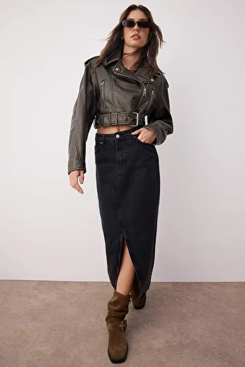 Trendyol Collection Černá více udržitelná rozparkovaná Maxi džínová sukně Twoss23Et00289