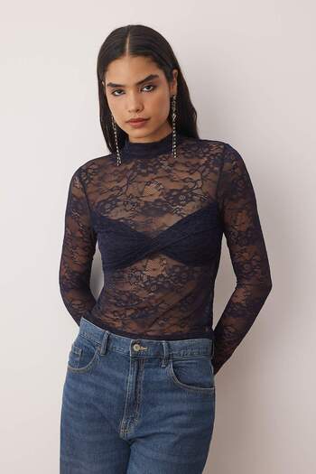 Trendyol Collection Navy Blue Stand Collar Lace Party Unlined Blouse Tpraw26Bz00017
