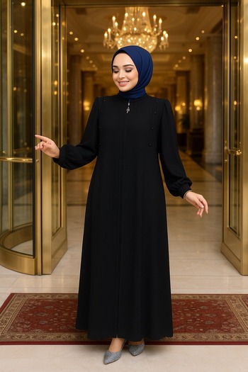 Neva Style Button Detailed Navy Blue Hijab Abaya 45304L