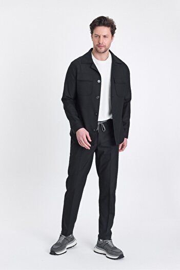 Frappoli Forex Men's Black Lycra Wool Blended Fabric 2-Piece Overshirt Jacket + Jogger Elastic Pants