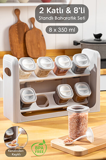 Meleni Home 8-Piece Beige Airtight Spice Bowl Set - With Lockable Lid and Stand