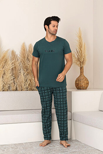 nisaNCa Premium Pamuklu Kısa Kollu Erkek Pijama Takımı- Ekose Damat Pijama Takımı