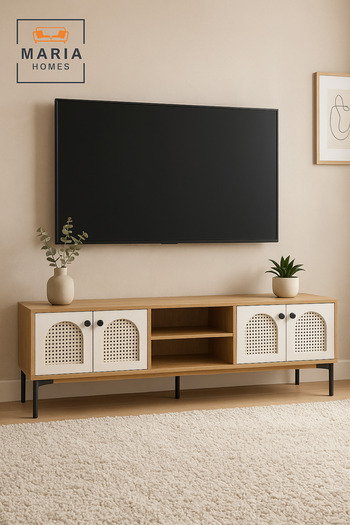 MARIA HOMES Functional Rattan Console – Modern Natural White Wooden TV Stand & Storage Cabinet 140×40×45 cm